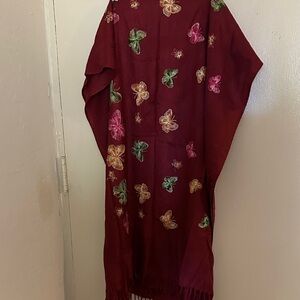 Pashmina Burgundy Shawl with Butterflies. Boho, Fairy,
